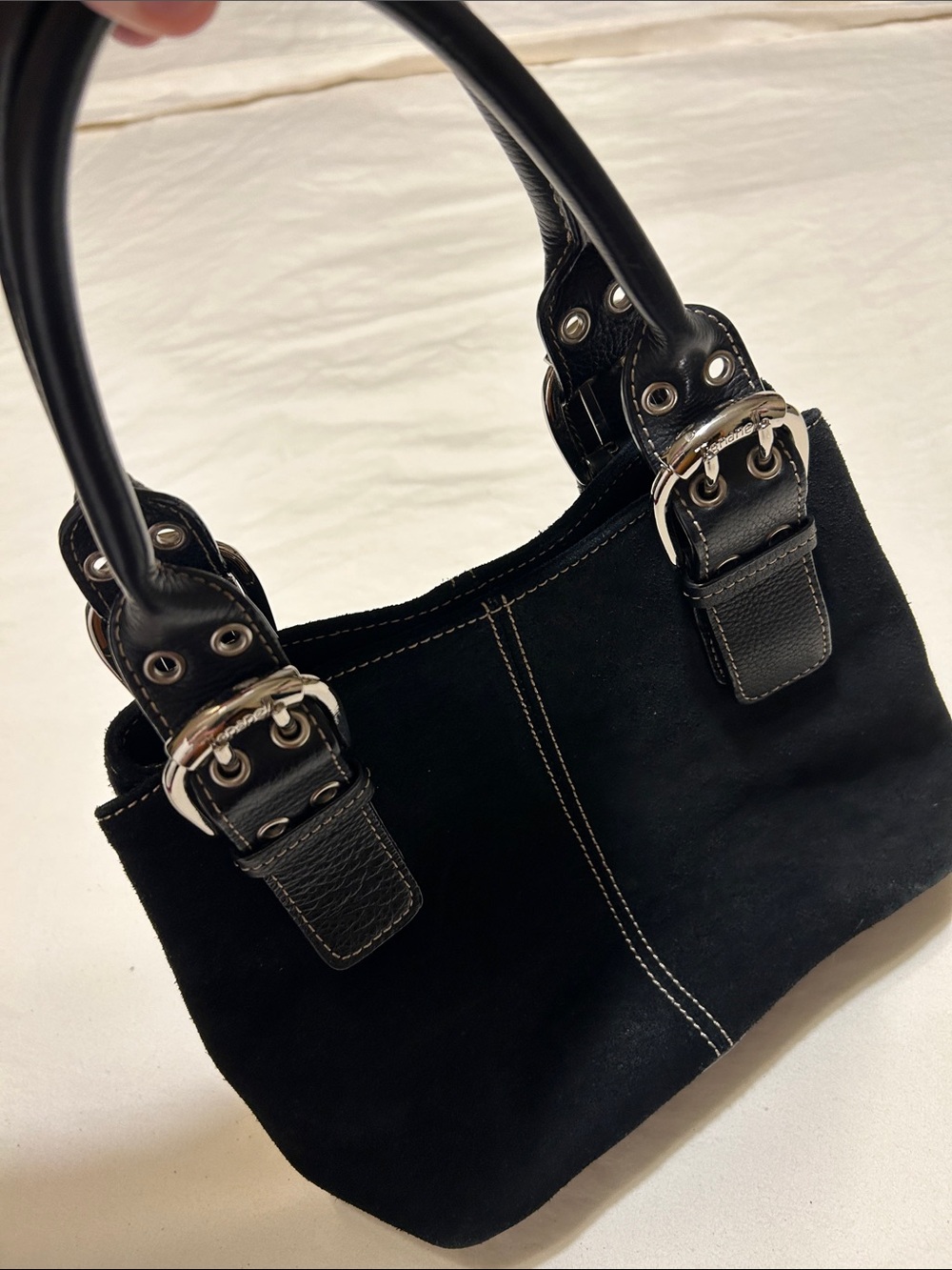 Tignanello Black Suede Shoulder Bag with Silver-Tone Buckles